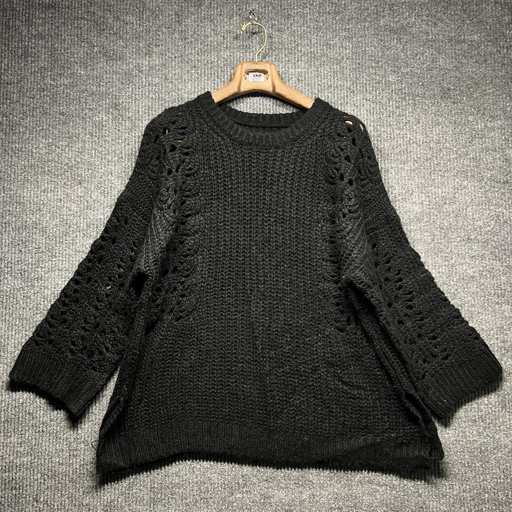 Antropologie‎ Pilcro Sweater Womens Medium Petite Black Open Knit Pointelle